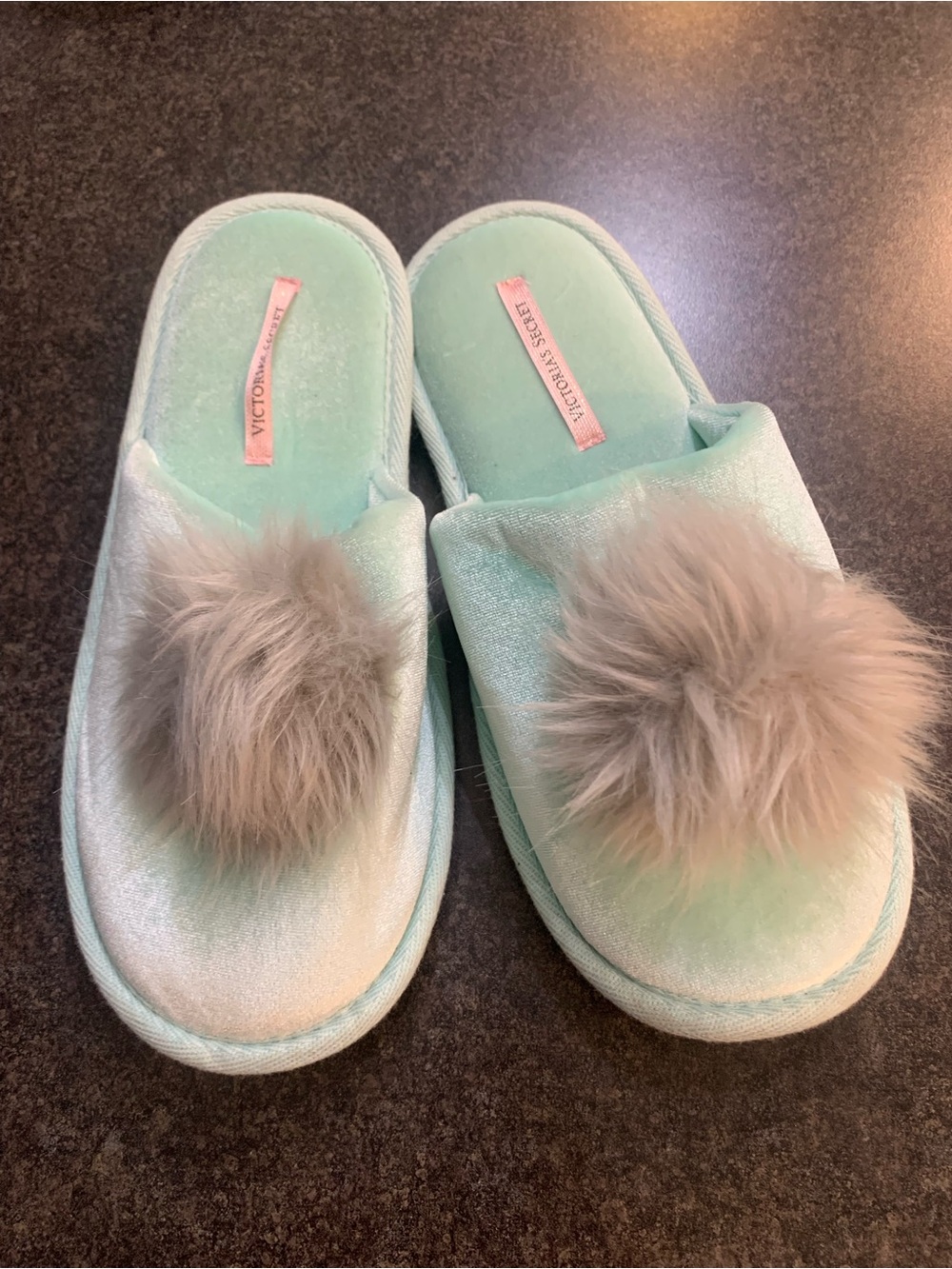 Victoria's Secret Mint Slippers with Taupe Faux-Fur Pom